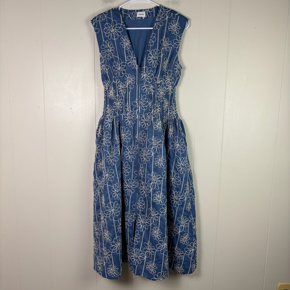 Aureum Womens Blue Floral Embroidered V Neck Sleeveless Midi Dress